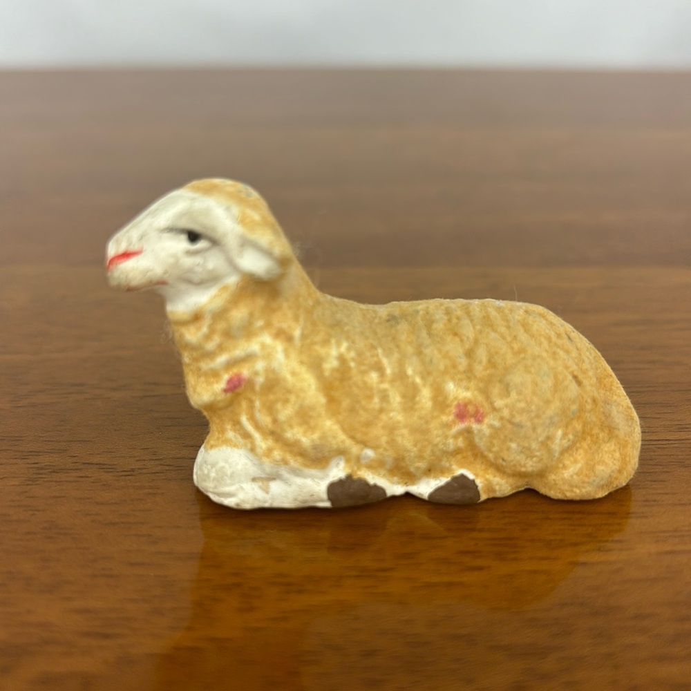 Antique Germany composition flocked paper mache nativity animal sheep figurine